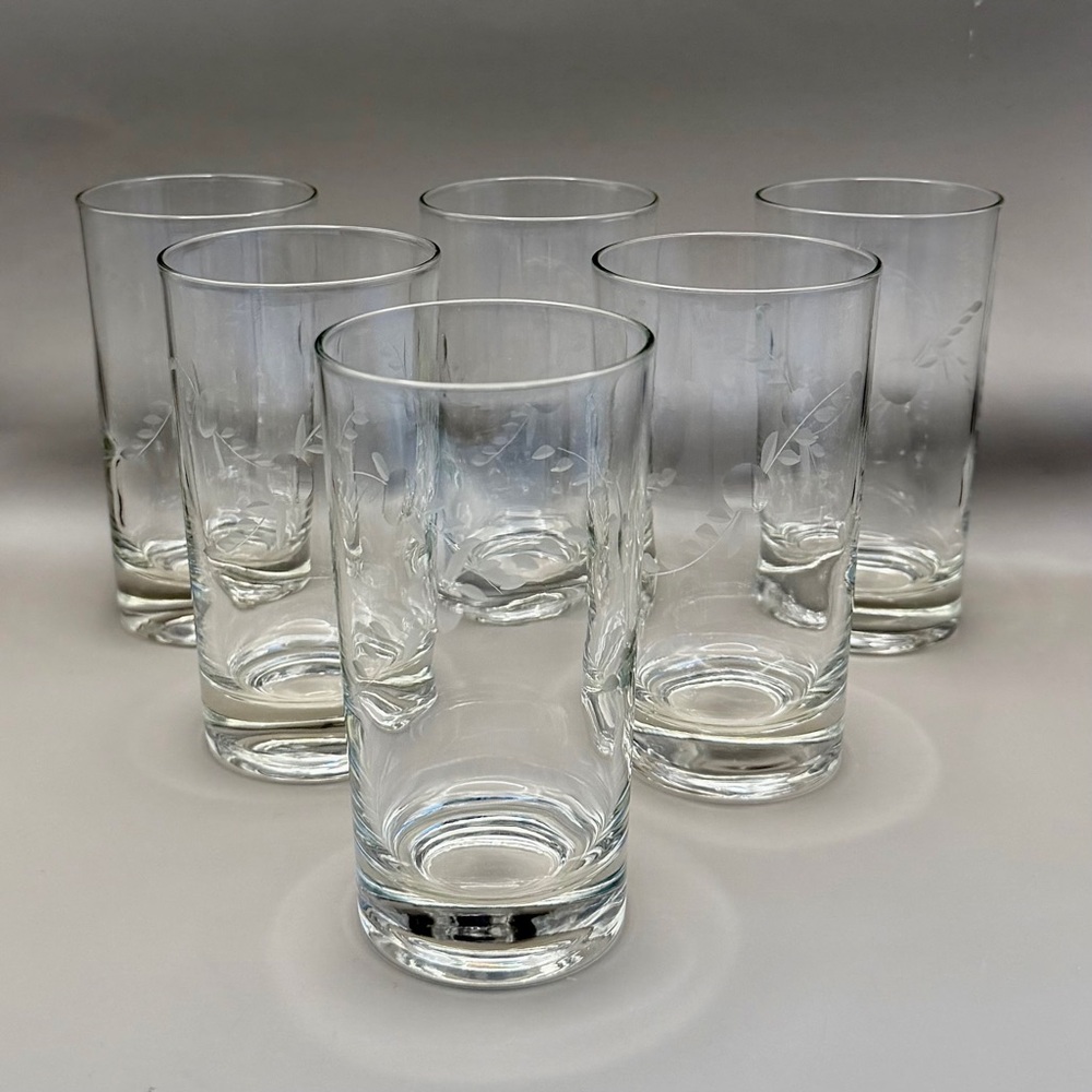 Vintage MCM Etched Floral Vine Highball Glasses - Set of 6